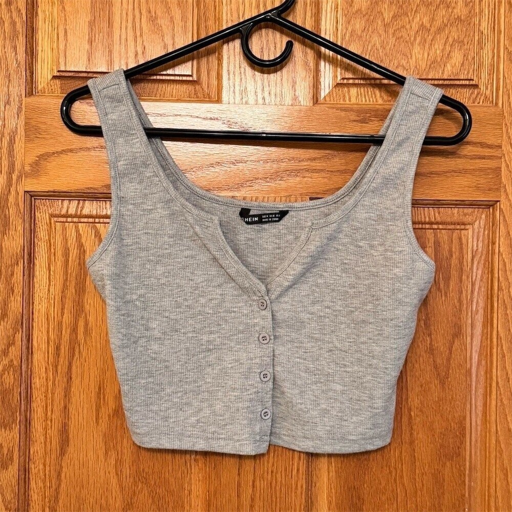 SHEIN Tank Top Womens Size M Heather Gray Ribbed Button Front Cropped